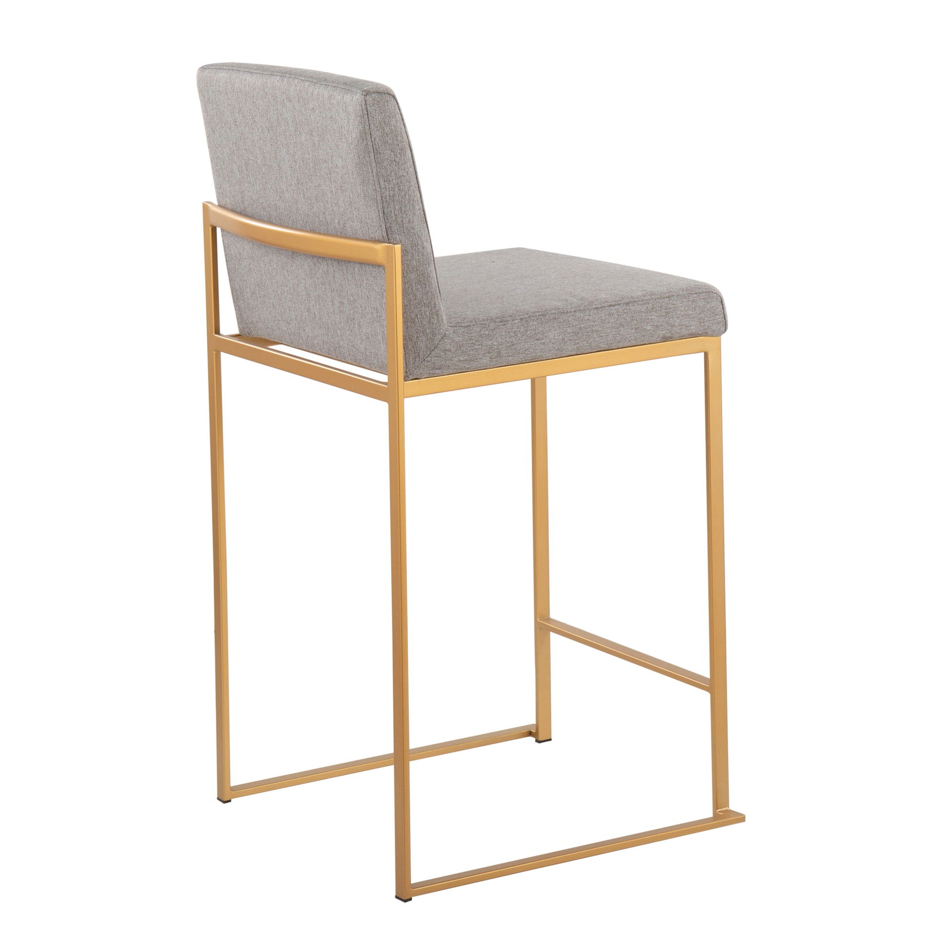 The Fuji Contemporary High Back Stylish Counter Stool features a gold metal frame with a padded seat and backrest in light gray fabric, displayed on a white background.