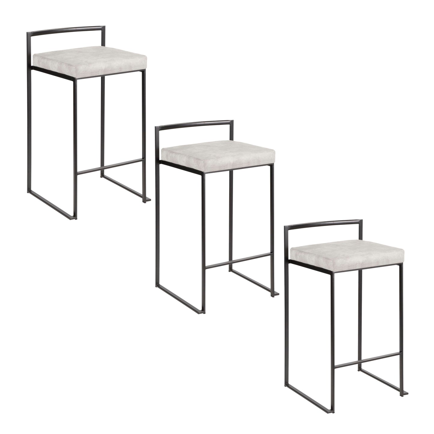 Three Fuji Contemporary Style Stackable Counter Stools with light gray cushioned seats and black metal frames, arranged in a staggered formation against a white background.