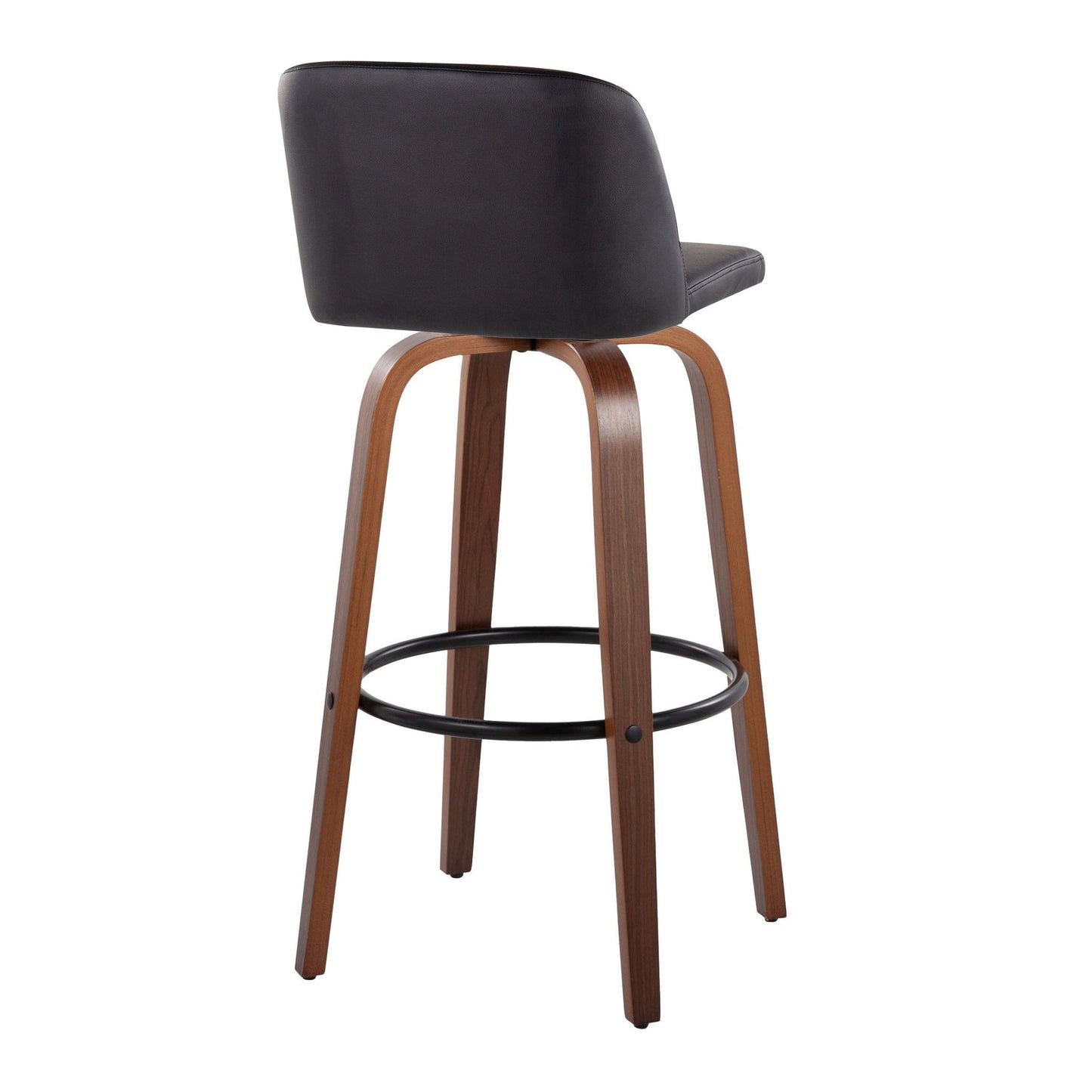 The Toriano Mid Century Modern Fixed Height Barstool features a curved black cushioned backrest, wooden legs, and a round black metal footrest. Shown from an angled rear view. Set of 2, with swivel and modern design elements.