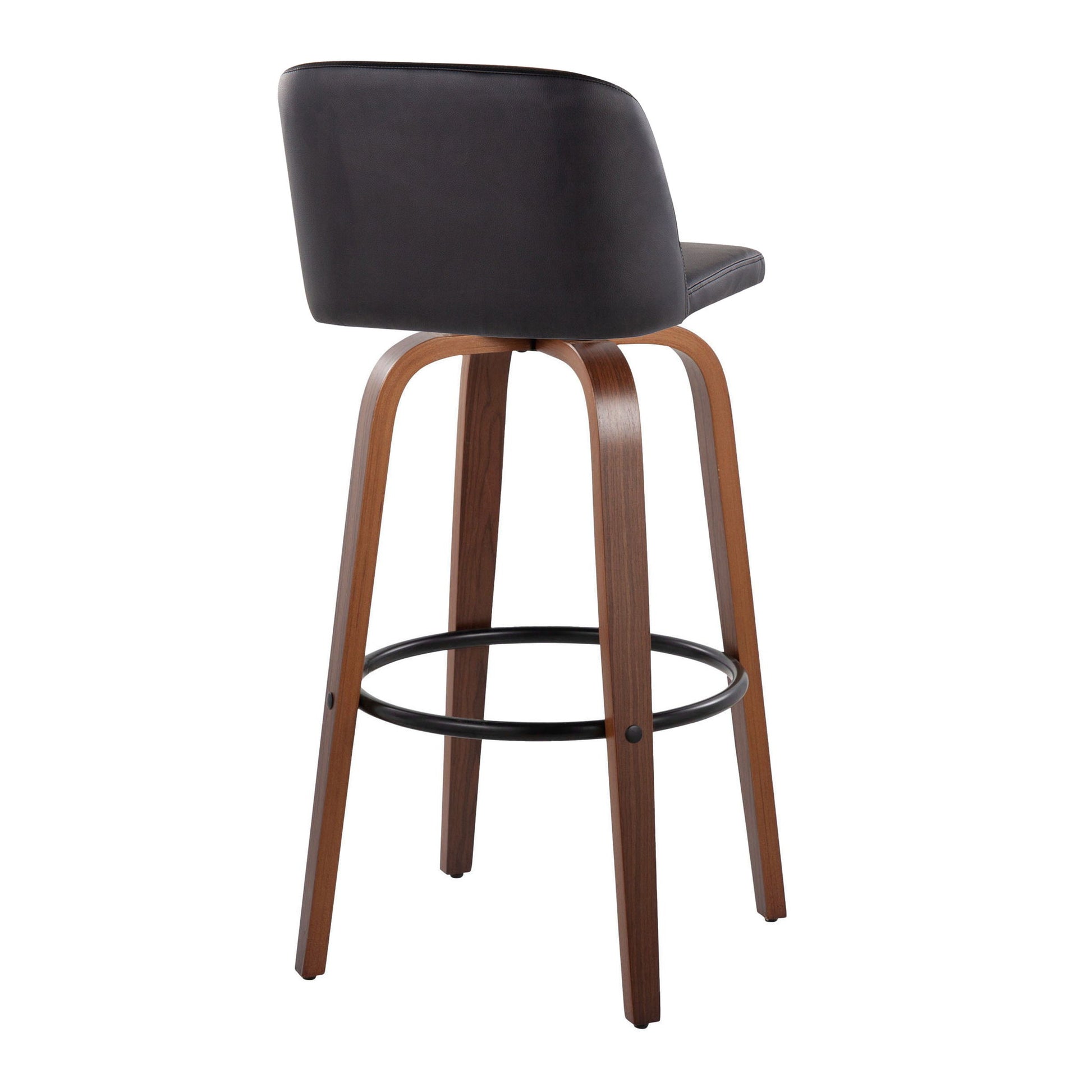 The Toriano Mid Century Modern Fixed Height Barstool features a curved black cushioned backrest, wooden legs, and a round black metal footrest. Shown from an angled rear view. Set of 2, with swivel and modern design elements.