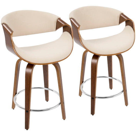 The Curvini Mid-Century Modern Fixed Height Counter Stool With Swivel (Set of 2) features curved wooden frames, beige upholstered seats and backs, metal footrests, and angled legs—blending mid-century and contemporary styles.