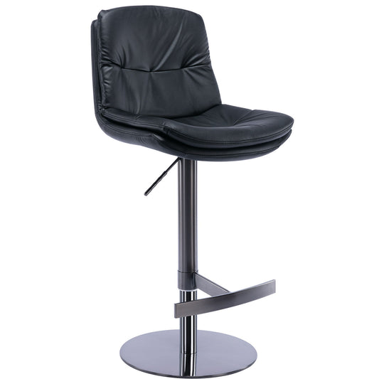 The Swivel Bar Stool features a black titanium stainless steel base and footrest, a padded faux leather seat with backrest, and an adjustable height lever—stylish comfort in a modern bar chair.