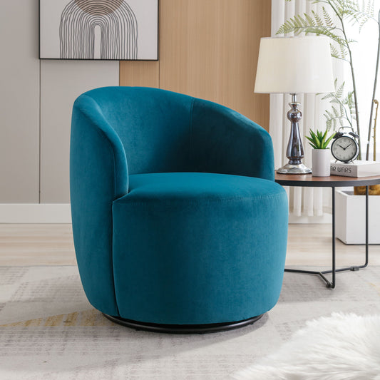 A Velvet Fabric Swivel Accent Armchair Barrel Chair with a powder-coated metal ring in teal sits in a bright living room by a round side table, lamp, clock, potted fern, abstract wall art, and light rug for contemporary style.