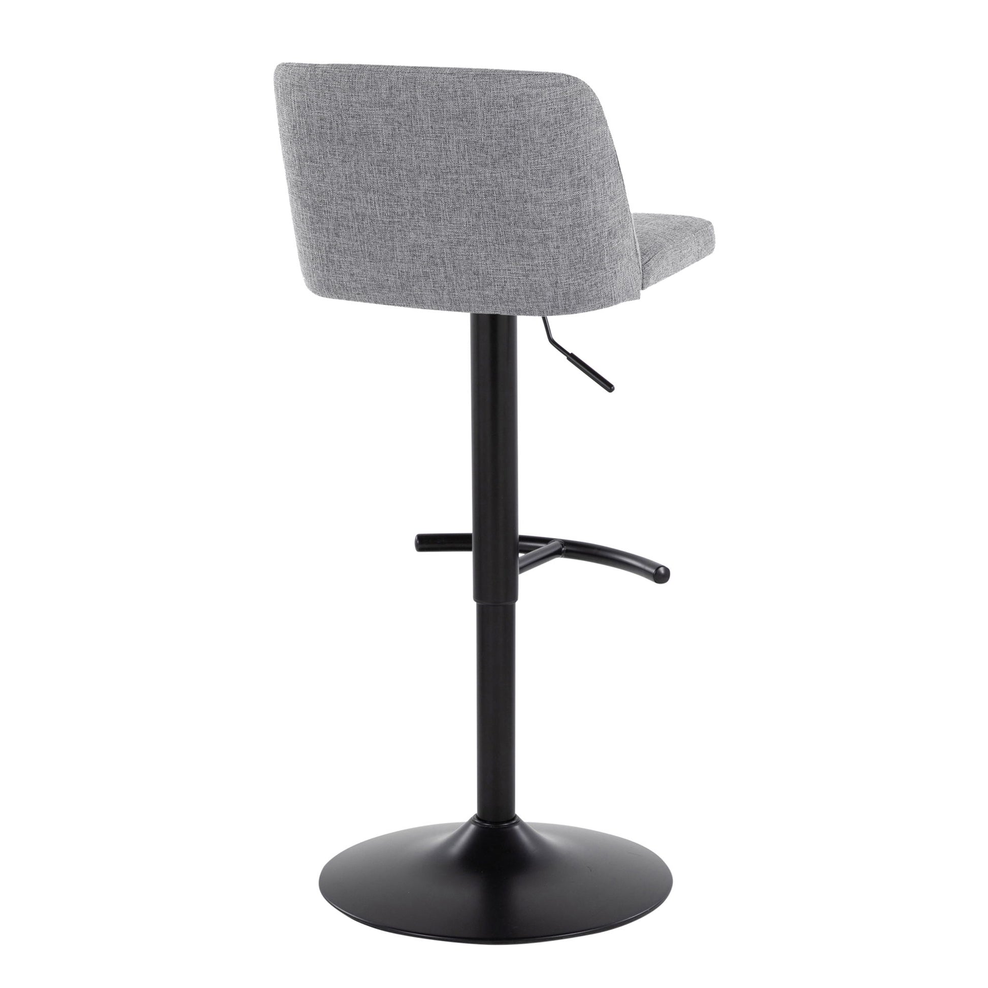 The Toriano Contemporary Adjustable Bar Stools (Set of 2) feature grey upholstered seats and backrests, a single black metal pedestal base with round base, a rounded T footrest, and a height adjustment lever.