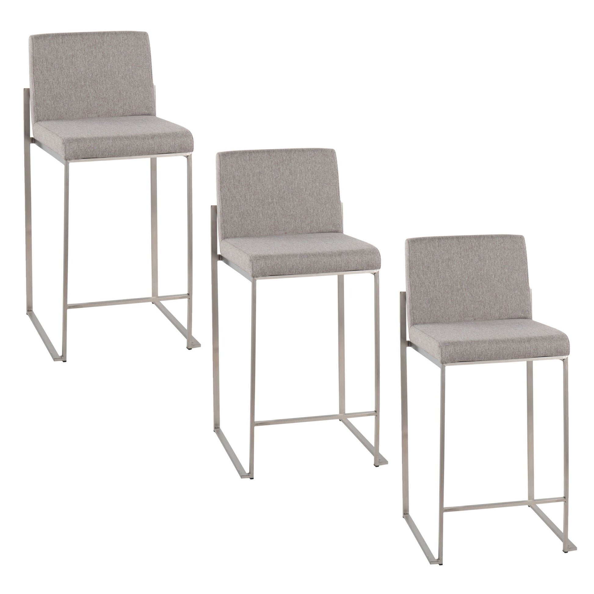 The Fuji Contemporary High Back Counter Stool features a functional, minimalist design with sleek metal frames and light gray cushioned seats and backs. Available in three modern heights to suit your space.