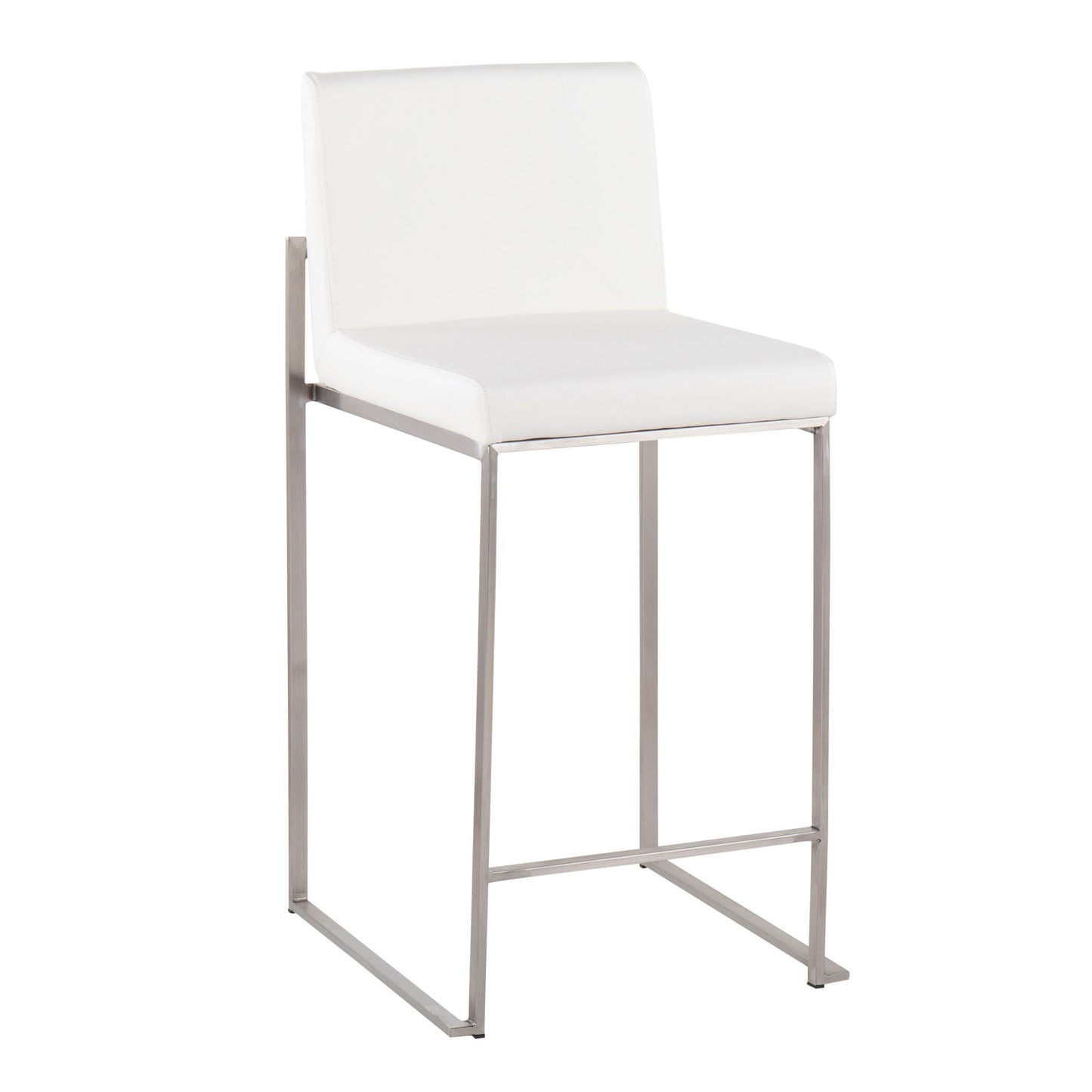 The Fuji - Contemporary High Back Counter Stool features a white cushioned seat and backrest, sleek metal frame with straight legs, and a footrest for functional modern design.