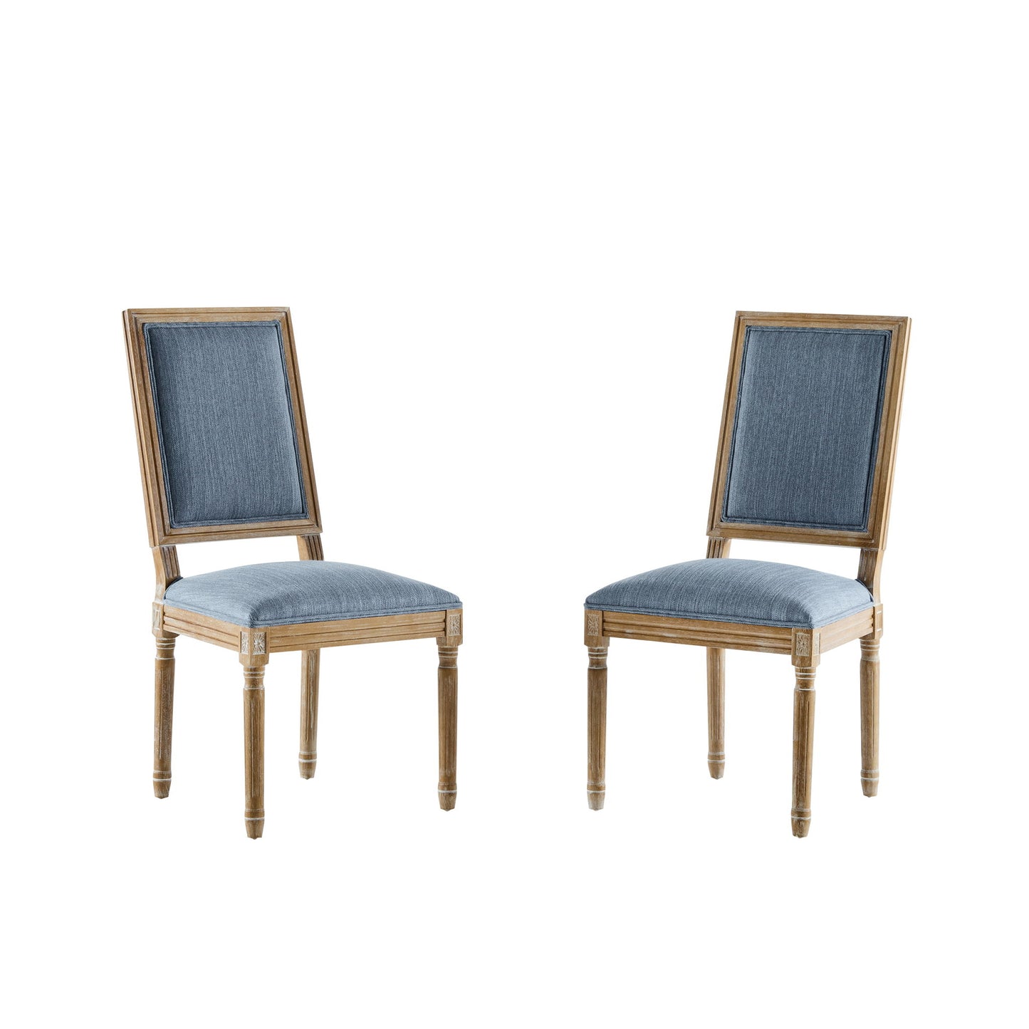 Two French Country Style Dining Chairs with blue upholstered seats and backs, featuring fluted legs and a classic design, are shown on a white background.