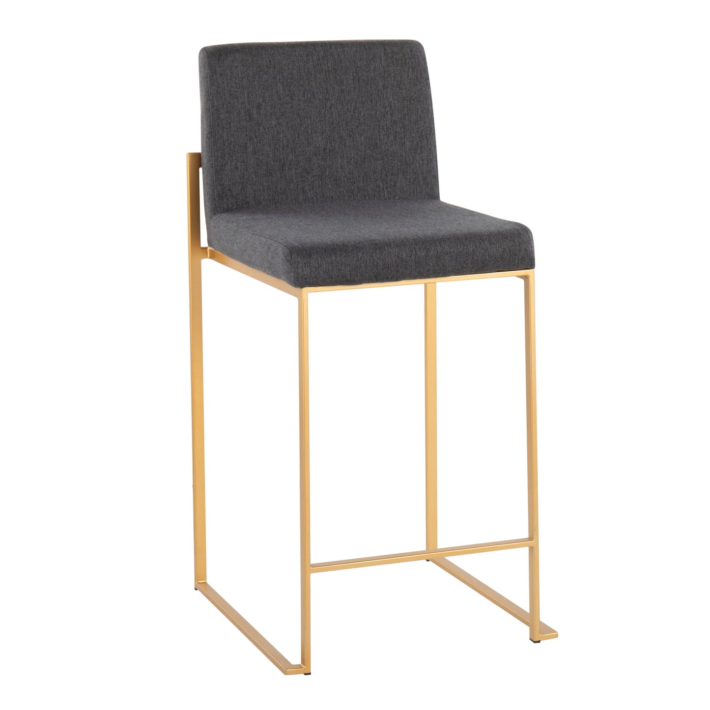 The Fuji - Contemporary High Back Stylish Counter Stool features a square dark gray upholstered seat and backrest, slender gold metal legs, and a minimalist modern design.