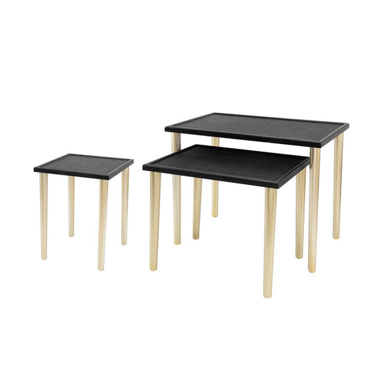 The Side Tables (Set of 3) - Black / Gold feature modern nesting designs with black rectangular tops and light gold legs, displayed in graduated sizes side by side and slightly stacked.