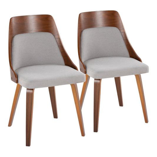 The Anabelle Mid-Century Modern Dining Chair set includes two chairs with wooden frames and legs, curved backs, light gray upholstered seats, a warm finish, and a sleek minimalist design.