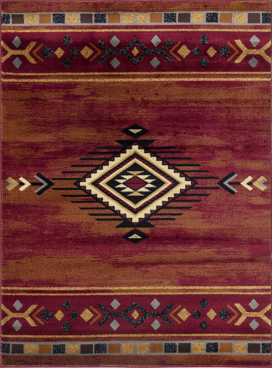 The Tribes - GC_YLS4002 Southwest Area Rug features a rectangular design with a central diamond motif in black, cream, and yellow on a maroon background, accented by geometric borders with stylized arrows in earthy tones.