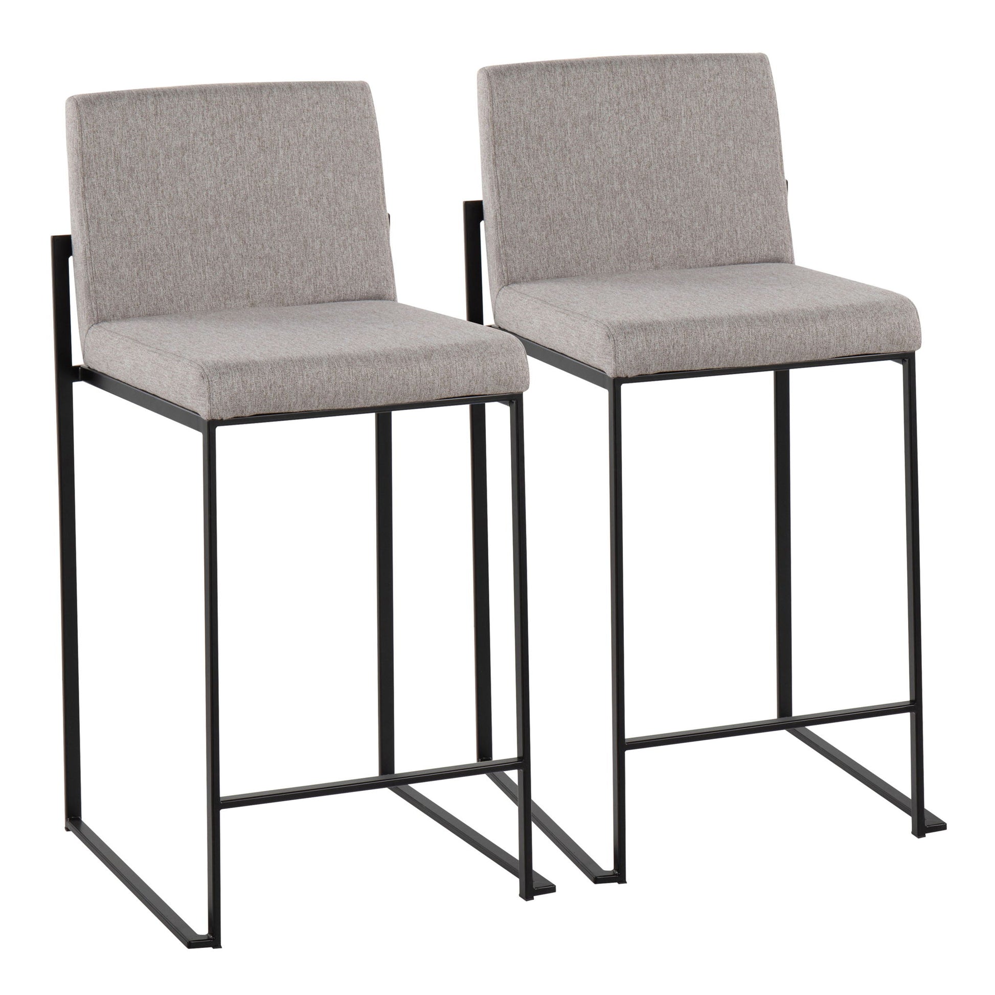 The Fuji High Back Counter Stool features a contemporary design with light gray upholstered seats and backs, supported by black metal frames with straight legs and footrests for modern elegance.