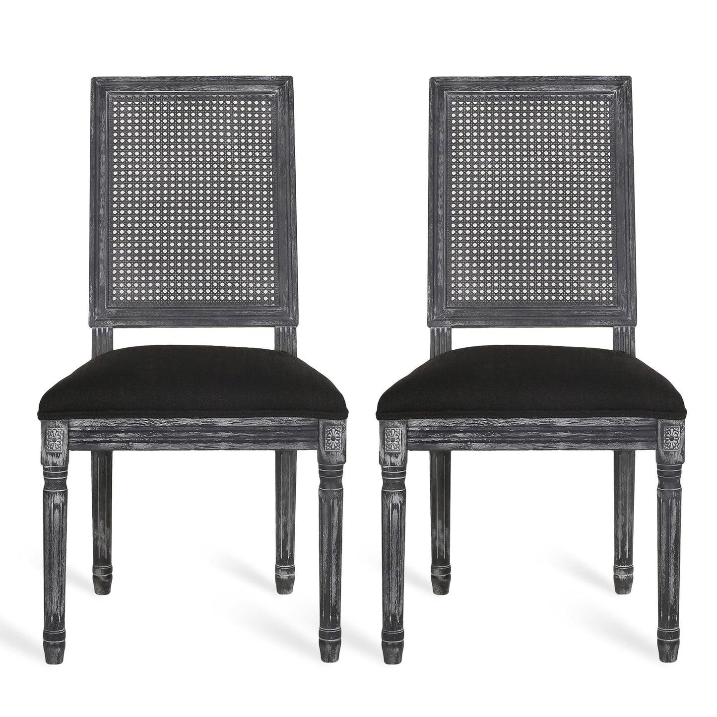 Pair of French Country Dining Chairs with rectangular cane backrests and smooth upholstered seats, featuring carved details on the legs and corners in a dark wood finish.
