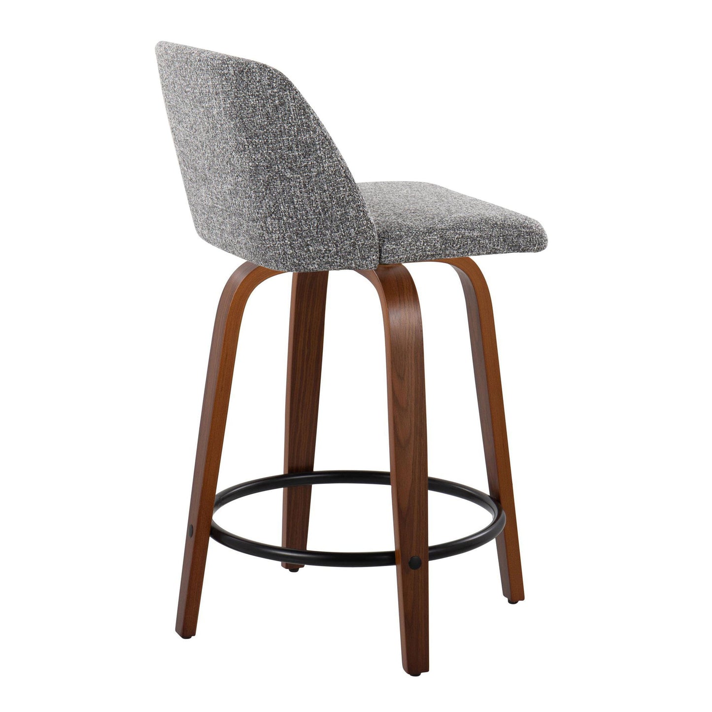 The Toriano counter stool set features a modern design with a curved wooden base, round black footrest, and gray upholstered seat with a high backrest for comfort, blending contemporary and classic mid-century styles.