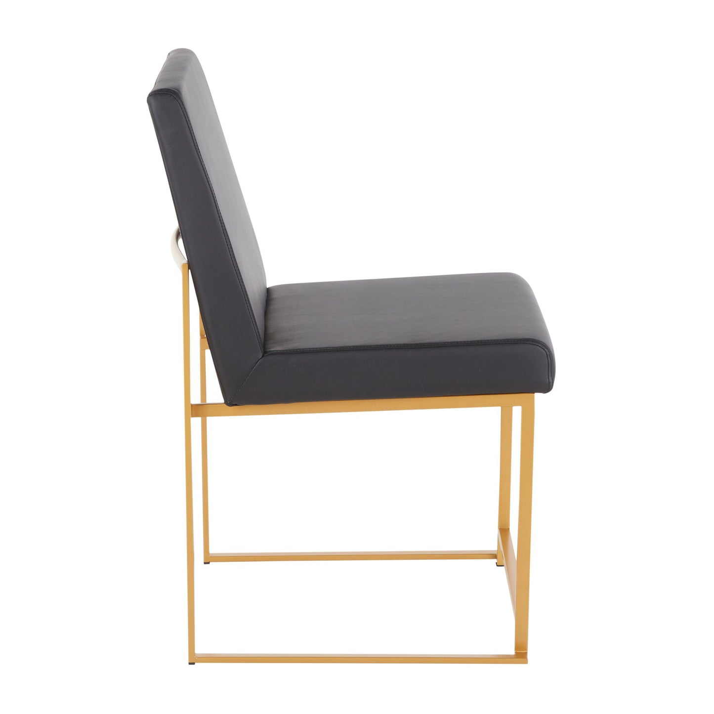 The Fuji High Back Dining Chair (Set of 2) features a contemporary black cushioned seat and backrest with a sleek gold metal frame and legs, shown from the side against a white background.