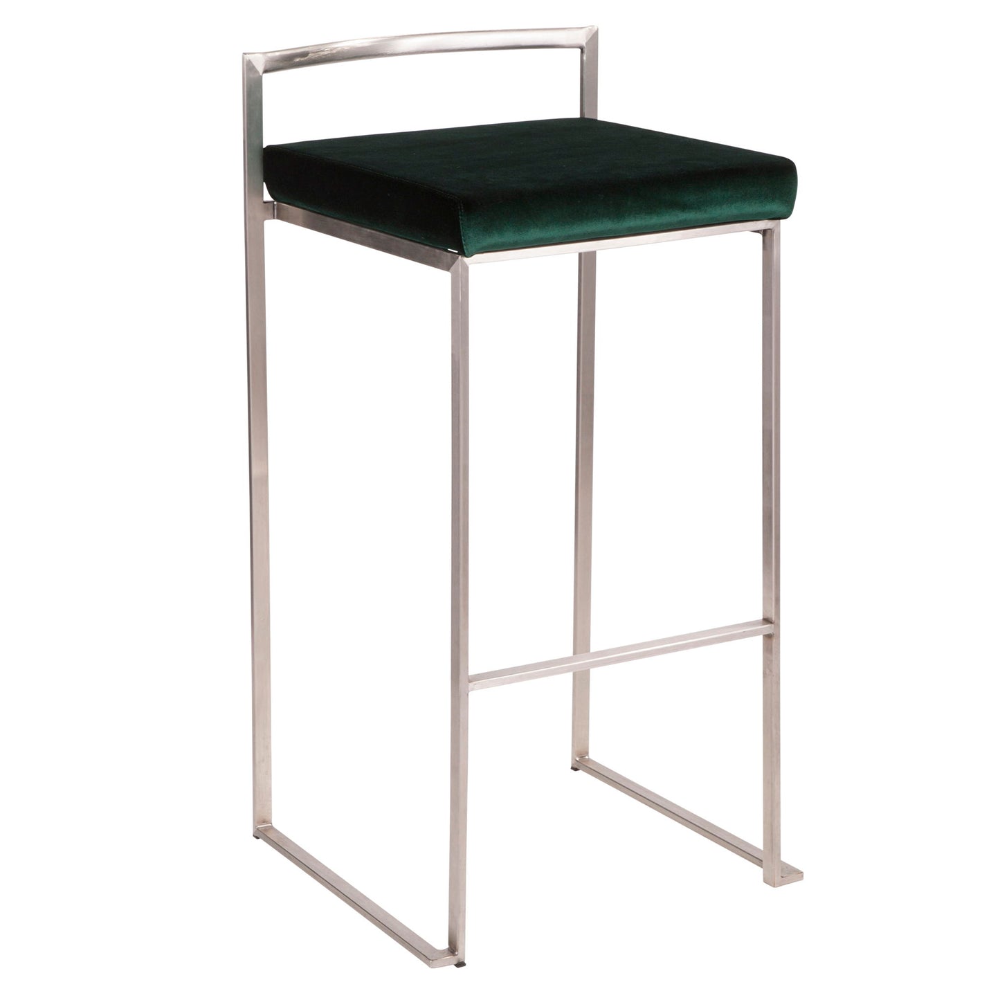 The Fuji barstool features a contemporary, elegant design with a sleek metal frame, rectangular green velvet cushion seat, minimalist backrest and footrest, and is stackable for convenience.
