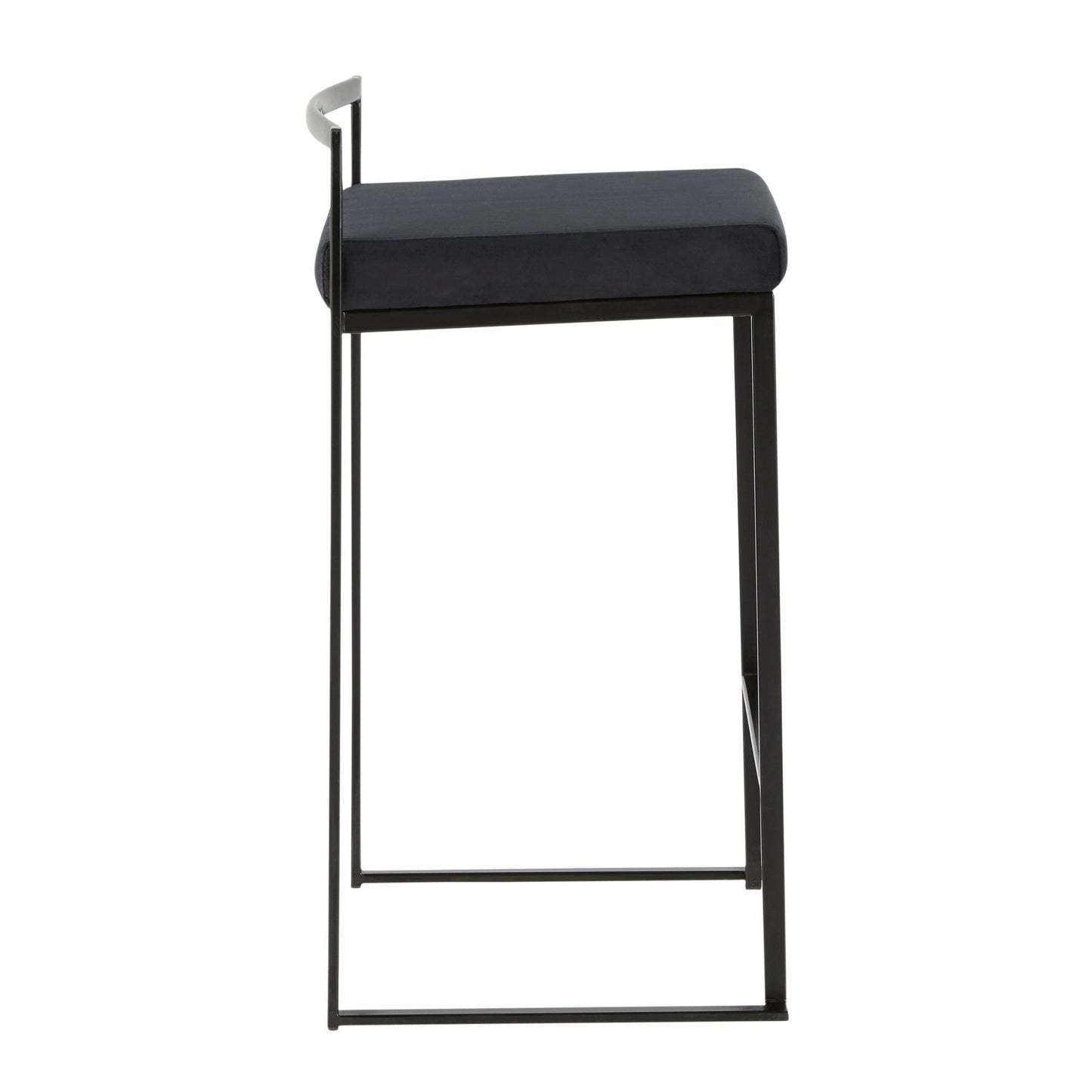 Side view of the Fuji Contemporary Style Stackable Counter Stool featuring a modern black finish, thin metal frame, square padded seat, and a low, minimalist backrest.
