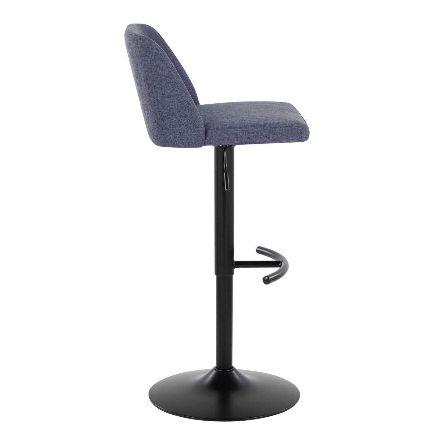 The Toriano Contemporary Adjustable Bar Stool, sold as a set of 2, features modern blue fabric upholstery, a low backrest, black metal pedestal base, and rounded T footrest, shown from the side on a white background.