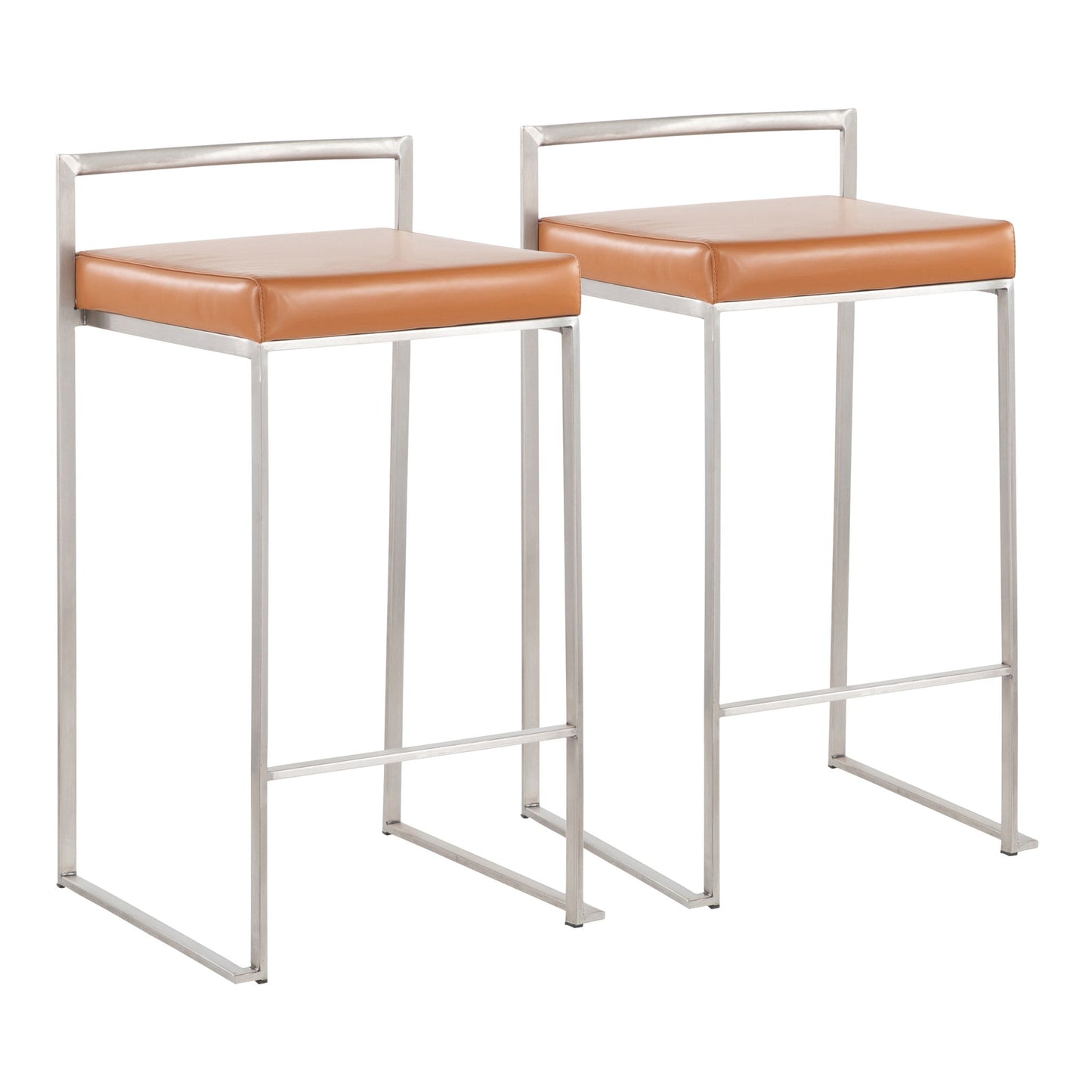 The Fuji - Contemporary Elegant Stackable Counter Stool Set features two modern bar stools with square tan leather seats, metal frames, simple backrests, and footrests, displayed side by side on a white background.