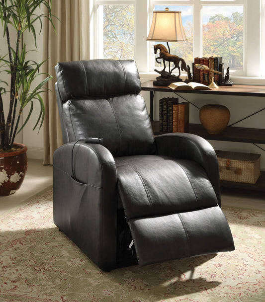 A Ricardo Power Motion Recliner & Lift in brown is placed on a patterned rug in a cozy living room featuring a window, bookshelf, lamp, and potted plant.