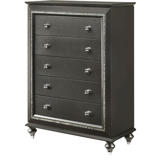 The Kaitlyn - Chest features an elegant black wooden design with five drawers, silver handles, decorative silver trim, and tapered legs accented in silver.