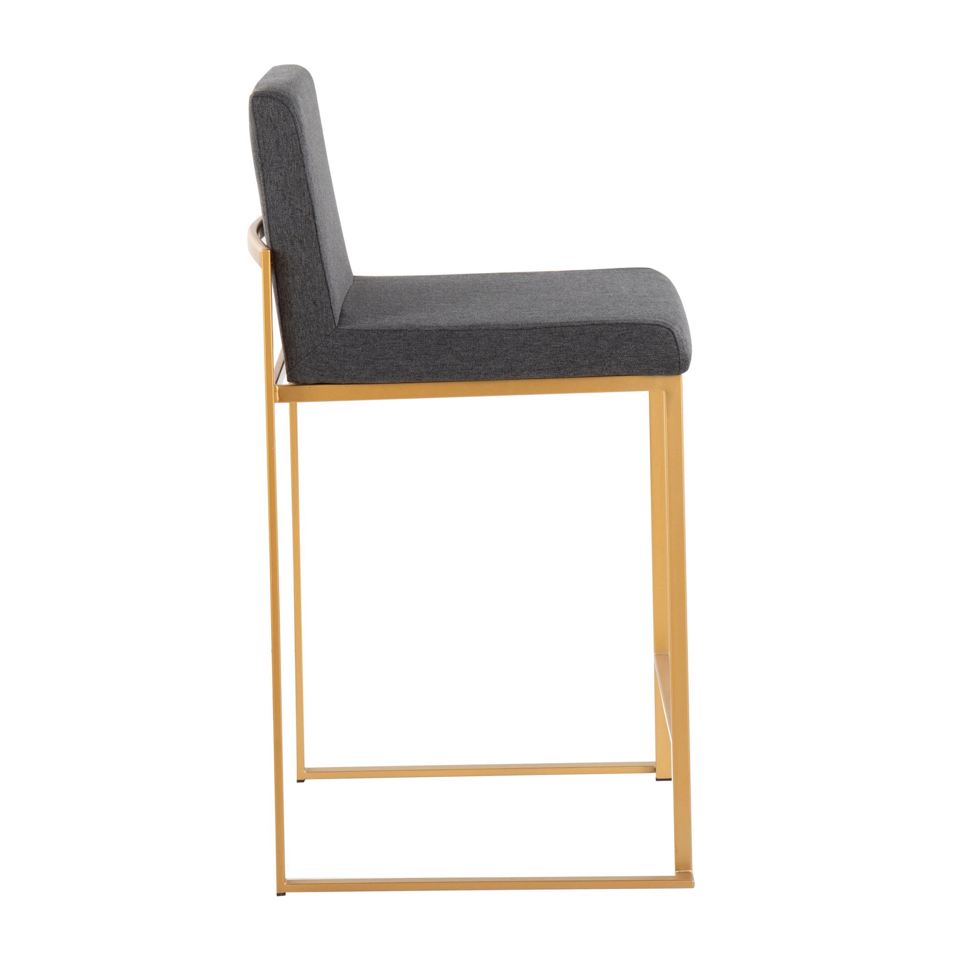 The Fuji - Contemporary High Back Stylish Counter Stool features a gold metal frame and a dark gray cushioned seat and backrest, displayed in a side profile against a white background.