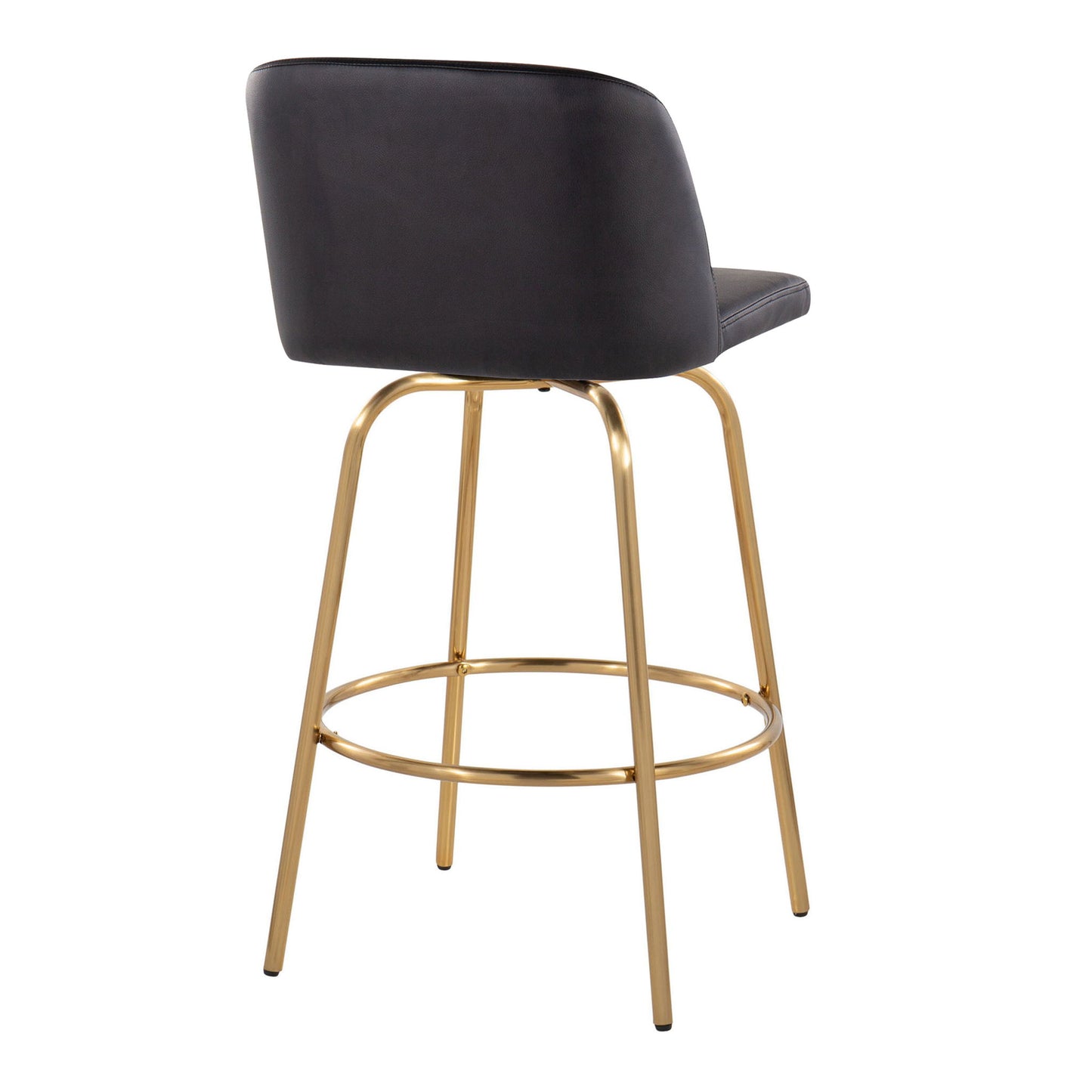 The Toriano Contemporary Fixed Height Counter Stool (Set of 2) features a curved black upholstered seat and backrest, gold metal legs, swivel design, and a round footrest. The chair is angled with the backrest facing the viewer.