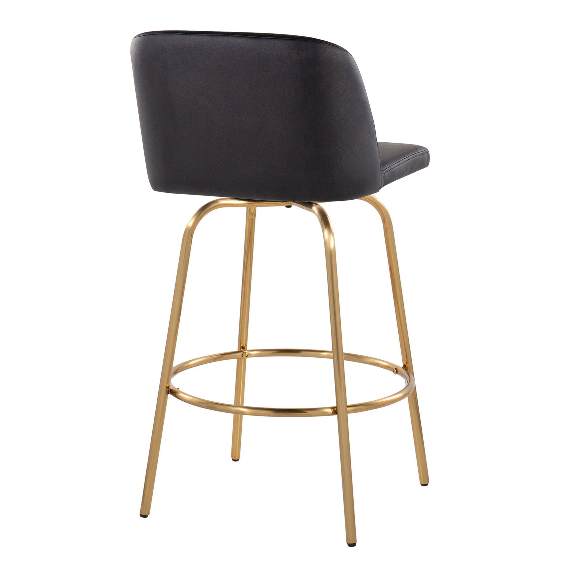 The Toriano Contemporary Fixed Height Counter Stool (Set of 2) features a curved black upholstered seat and backrest, gold metal legs, swivel design, and a round footrest. The chair is angled with the backrest facing the viewer.