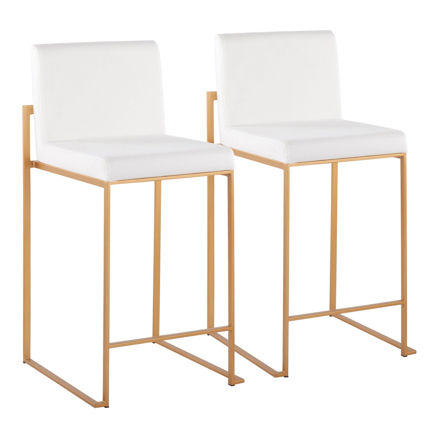 Two Fuji Contemporary High Back Stylish Counter Stools with white cushioned seats and backs, sleek gold metal frames, and footrests are placed side by side against a plain white background.
