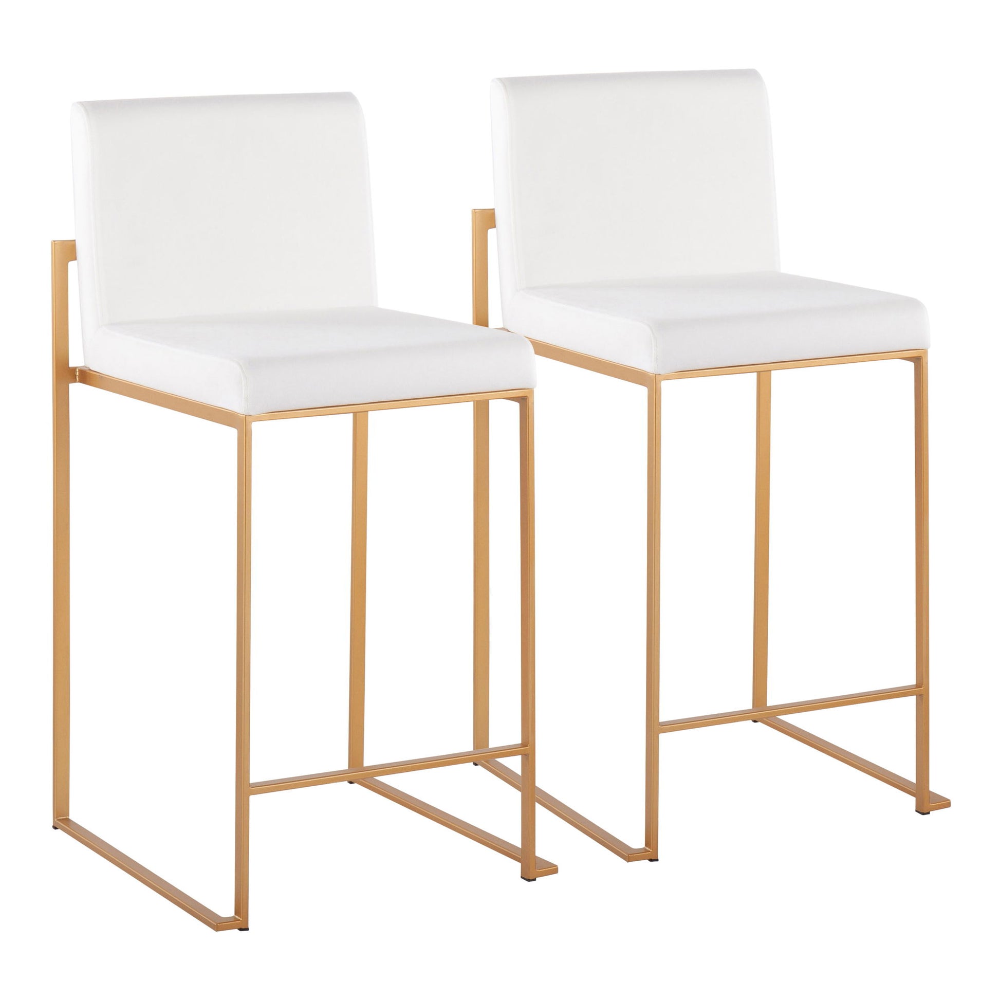 Two Fuji Contemporary High Back Stylish Counter Stools with white cushioned seats and backs, sleek gold metal frames, and footrests are placed side by side against a plain white background.