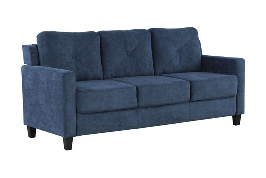 The Horatio Chenille 3 Seater Sofa features dark blue upholstery, three back and seat cushions, straight armrests, and short black angled legs for a modern look.