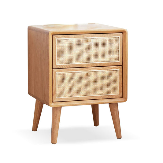 The Bedside Cabinet, Modern Simple Nightstands European Beech, features two front drawers with woven rattan panels and tapered legs, shown against a white background.