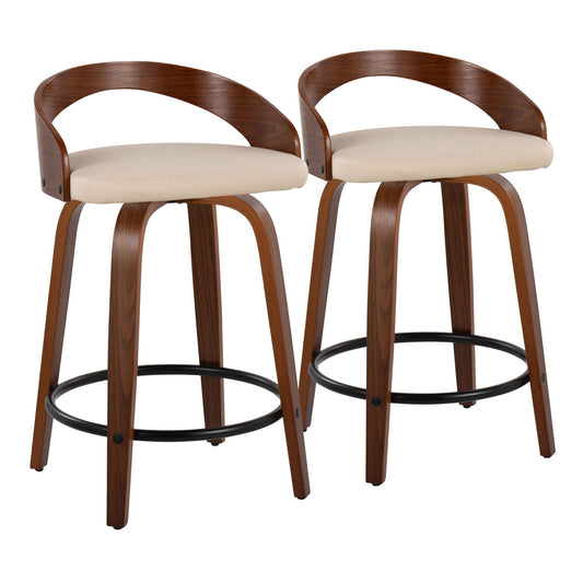 The Grotto set includes two mid-century modern counter stools with curved wooden backs, beige cushioned seats, wooden legs, and round black footrests, shown against a white background.