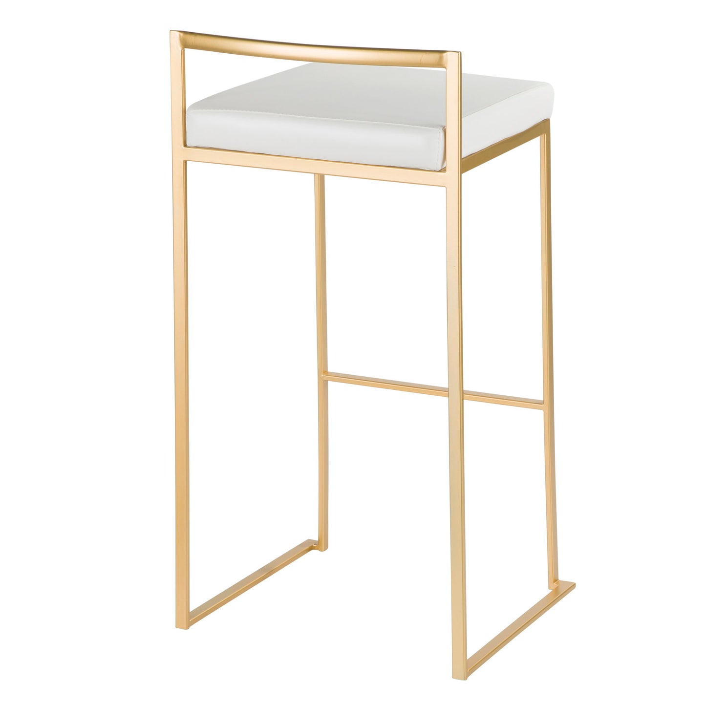 The Fuji barstool features a gold metal frame, open rectangular back, and white cushioned seat. Its base showcases a minimalist geometric design with straight lines, a footrest bar, and quality contemporary glam construction.