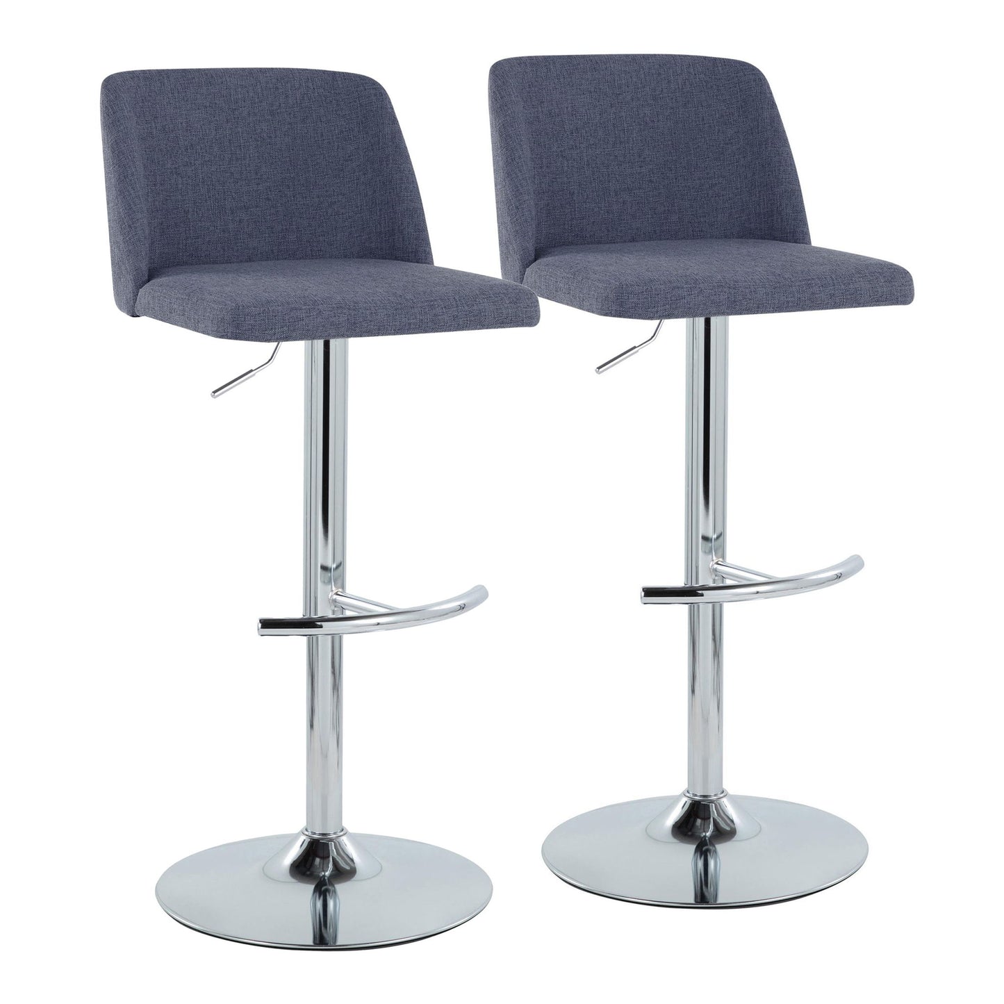 A pair of Toriano contemporary adjustable barstools with gray fabric seats, swivel function, and rounded T chrome footrests are placed side by side against a plain white background.