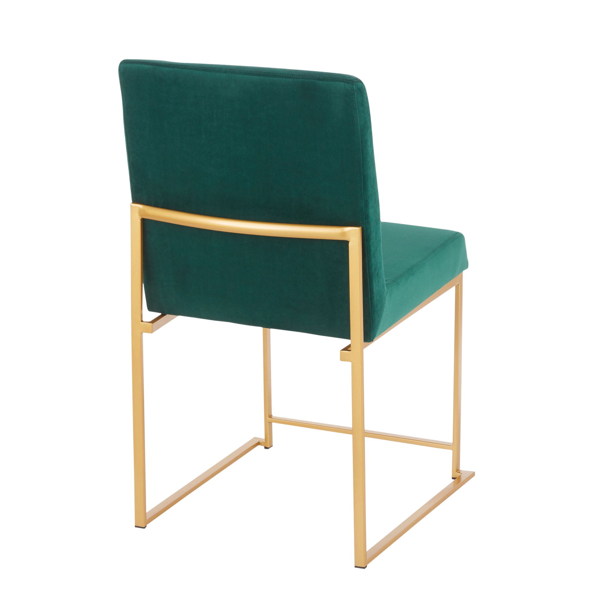The Fuji Contemporary High Back Dining Chair (Set of 2) features a sleek gold metal frame, open minimalist design, and green upholstered seat and backrest, shown from the rear.