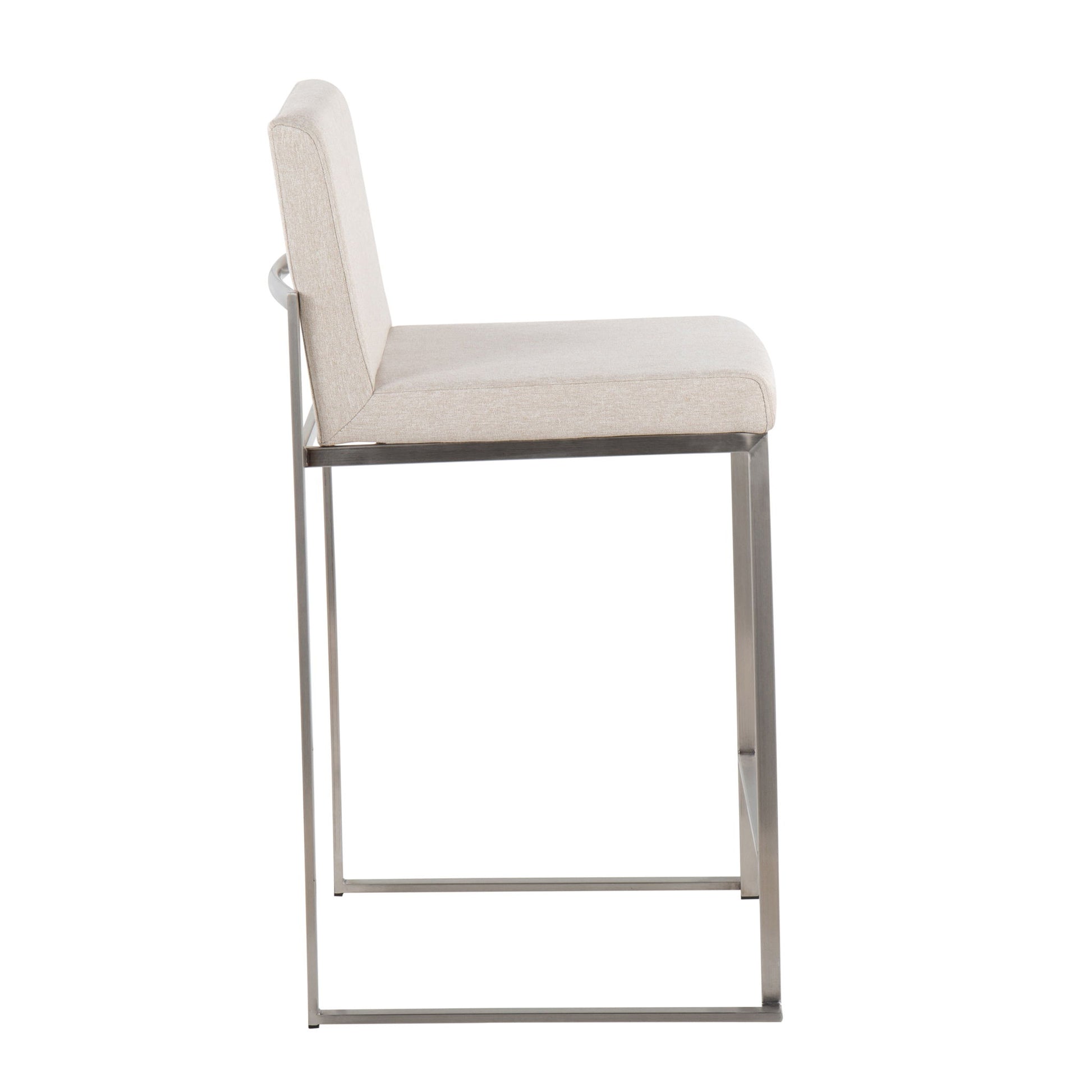 Side view of the Fuji - Contemporary High Back Counter Stool, featuring a beige cushioned seat and backrest on a sleek, rectangular metal frame with minimalist, functional design.