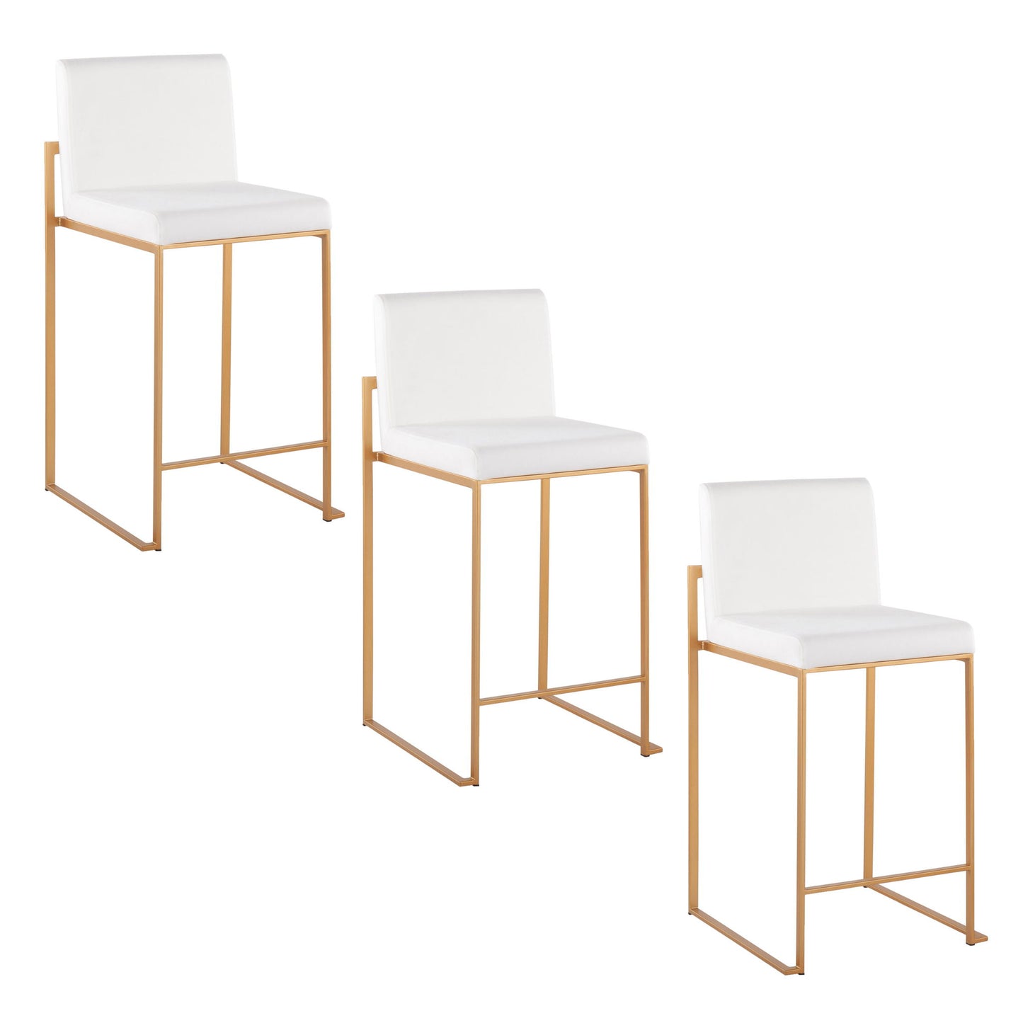 Three Fuji Contemporary High Back Counter Stools, featuring white cushioned seats and gold metal frames, are arranged in a diagonal row against a white background.