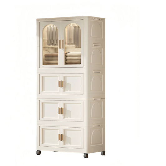 The Folding Wardrobe Cabinet features magnetic doors, hangers, four wheels for mobility, and cream-colored panels with gold handles and ribbed glass on the upper section.