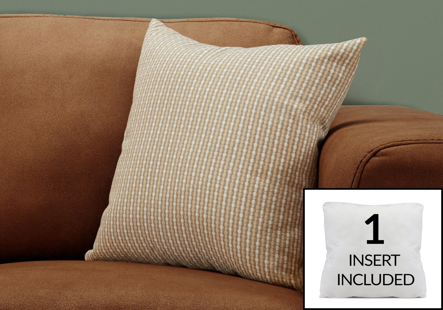 A beige and white striped decorative throw pillow from "Pillows, Square, Insert Included, Decorative Throw, Hypoallergenic" sits on a brown sofa; inset shows the included hypoallergenic white insert labeled "1 INSERT INCLUDED.