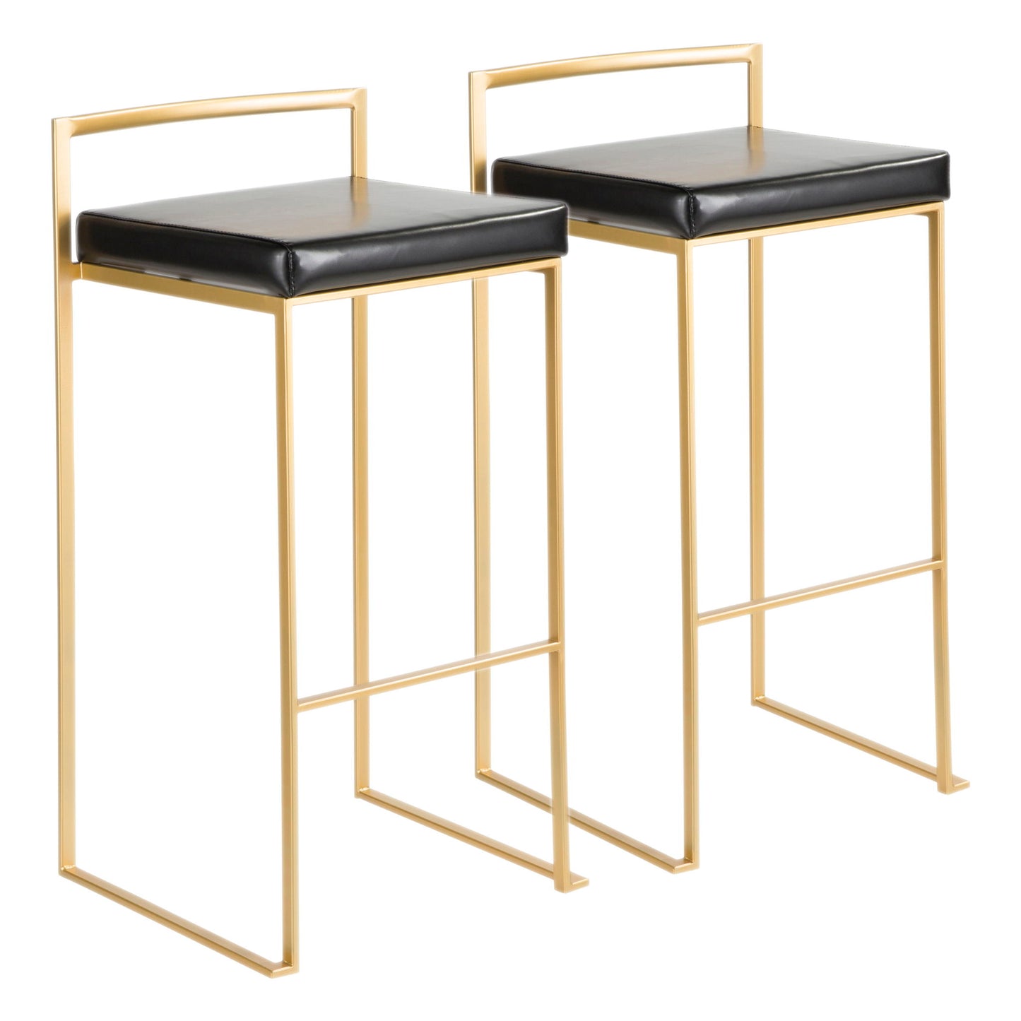 The Fuji Barstool features contemporary glam style with gold metal frames, rectangular black cushioned seats, minimalist open square bases, and a simple backrest bar for quality construction.