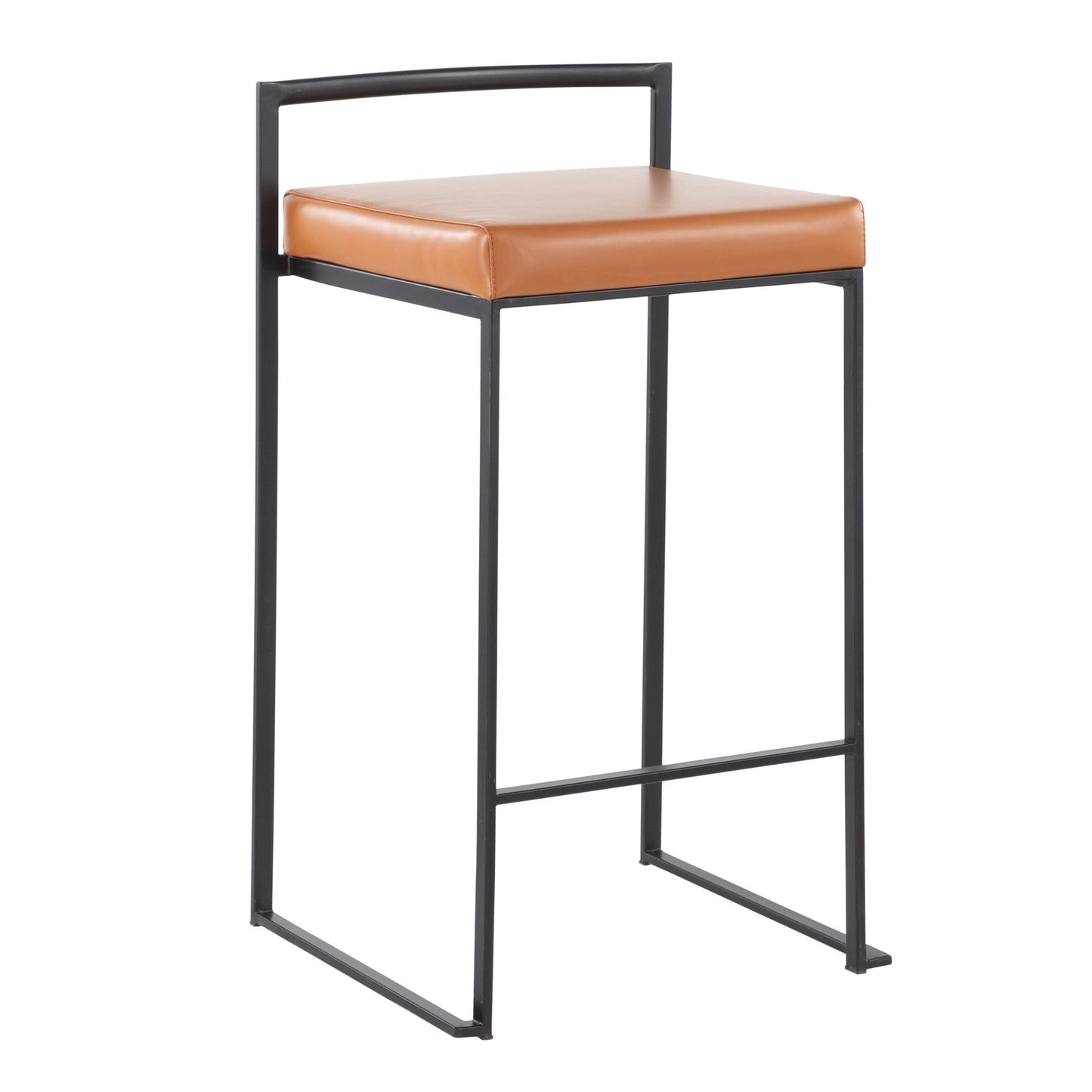 The Fuji - Contemporary Style Stackable Counter Stool features a thin black metal frame, a square tan cushioned seat, no armrests, and a low backrest for a sleek modern look.