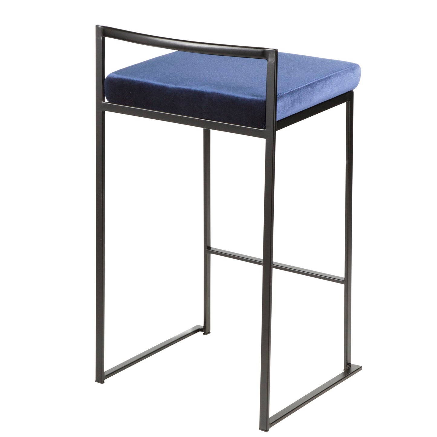The Fuji - Contemporary Style Stackable Counter Stool features a black metal frame, a rectangular blue velvet seat, minimalist design, low open backrest, and no armrests.