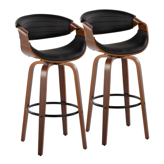 The Symphony set includes two mid-century modern barstools with curved wooden frames, black cushioned seats and backs, swivel function, round metal footrests, and four sturdy wooden legs for a sleek contemporary look.