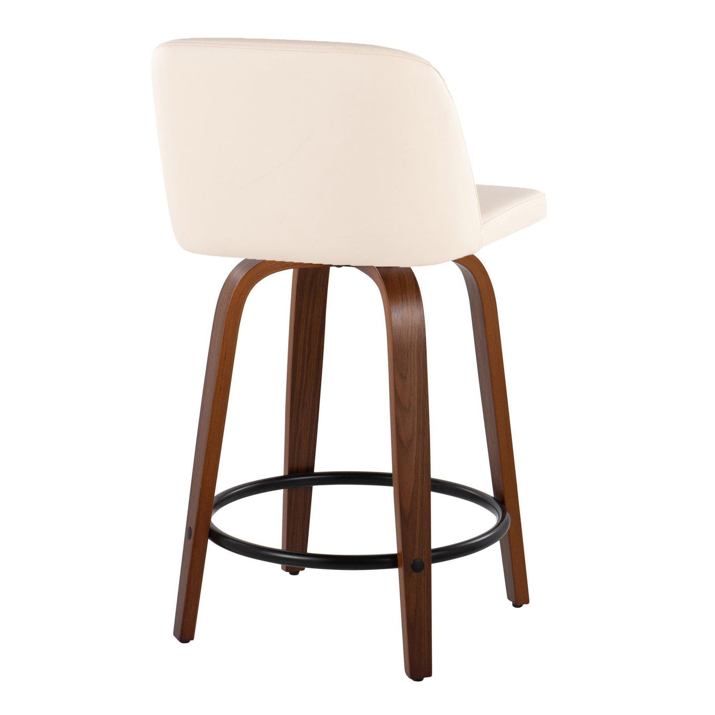 The Toriano Mid Century Modern Counter Stool set features a curved, upholstered cream backrest and seat, walnut-finished wooden legs, and a round black metal footrest. Shown from the rear angle.