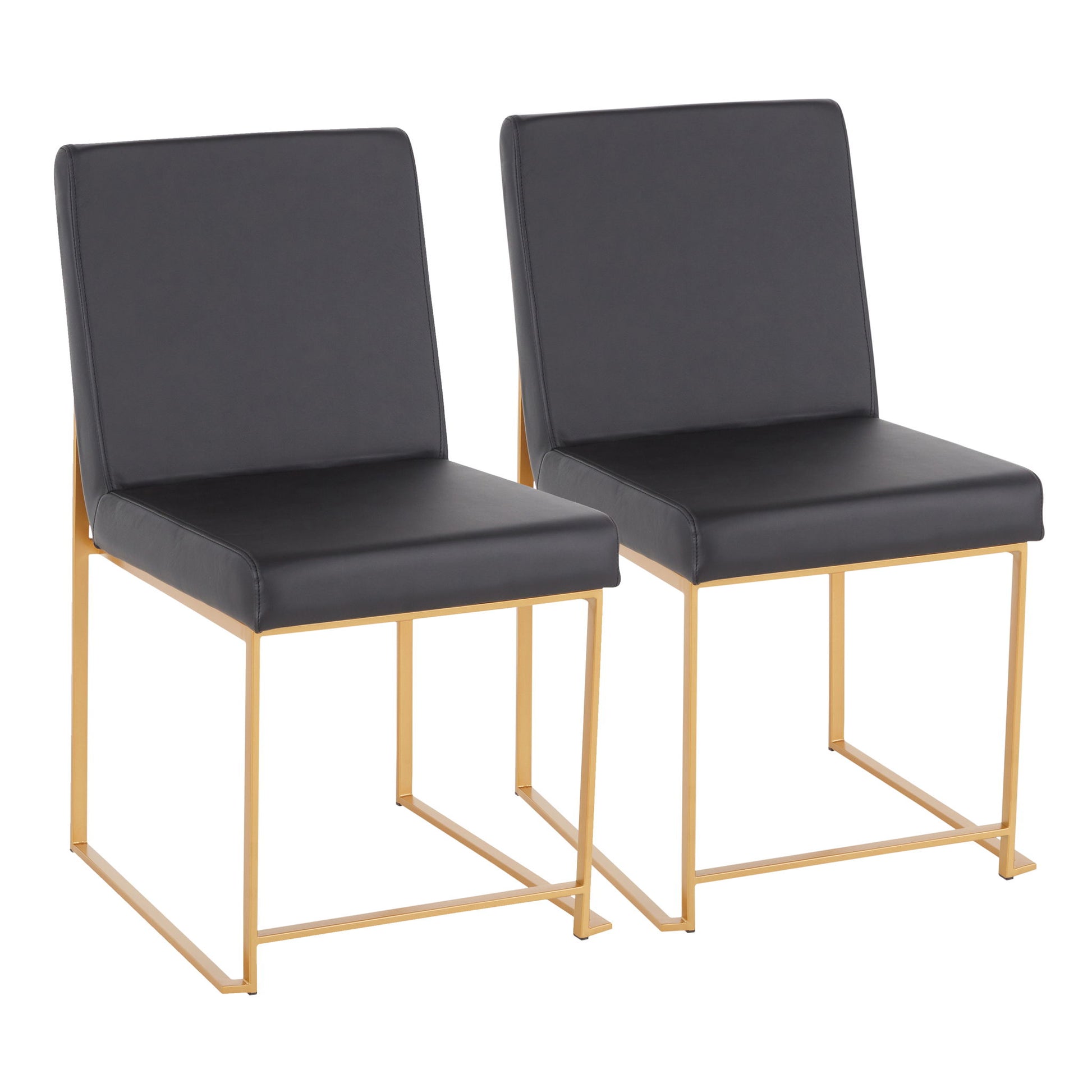 The Fuji High Back Dining Chair set includes two contemporary chairs with black cushioned seats and geometric gold metal frames, shown side by side against a white background.