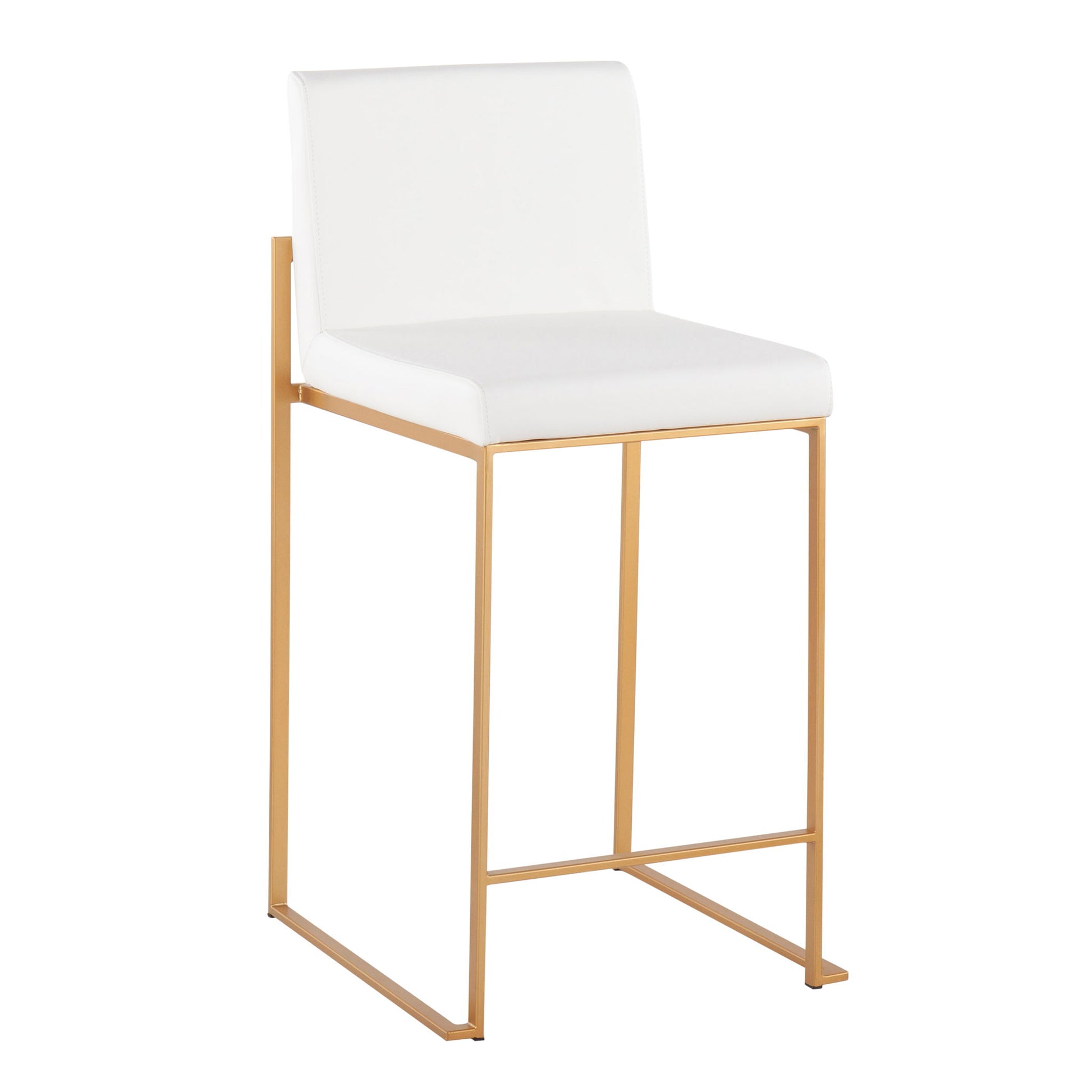 The Fuji Contemporary High Back Stylish Counter Stool features a white cushioned seat and backrest with a sleek gold metal frame in a minimalist design.