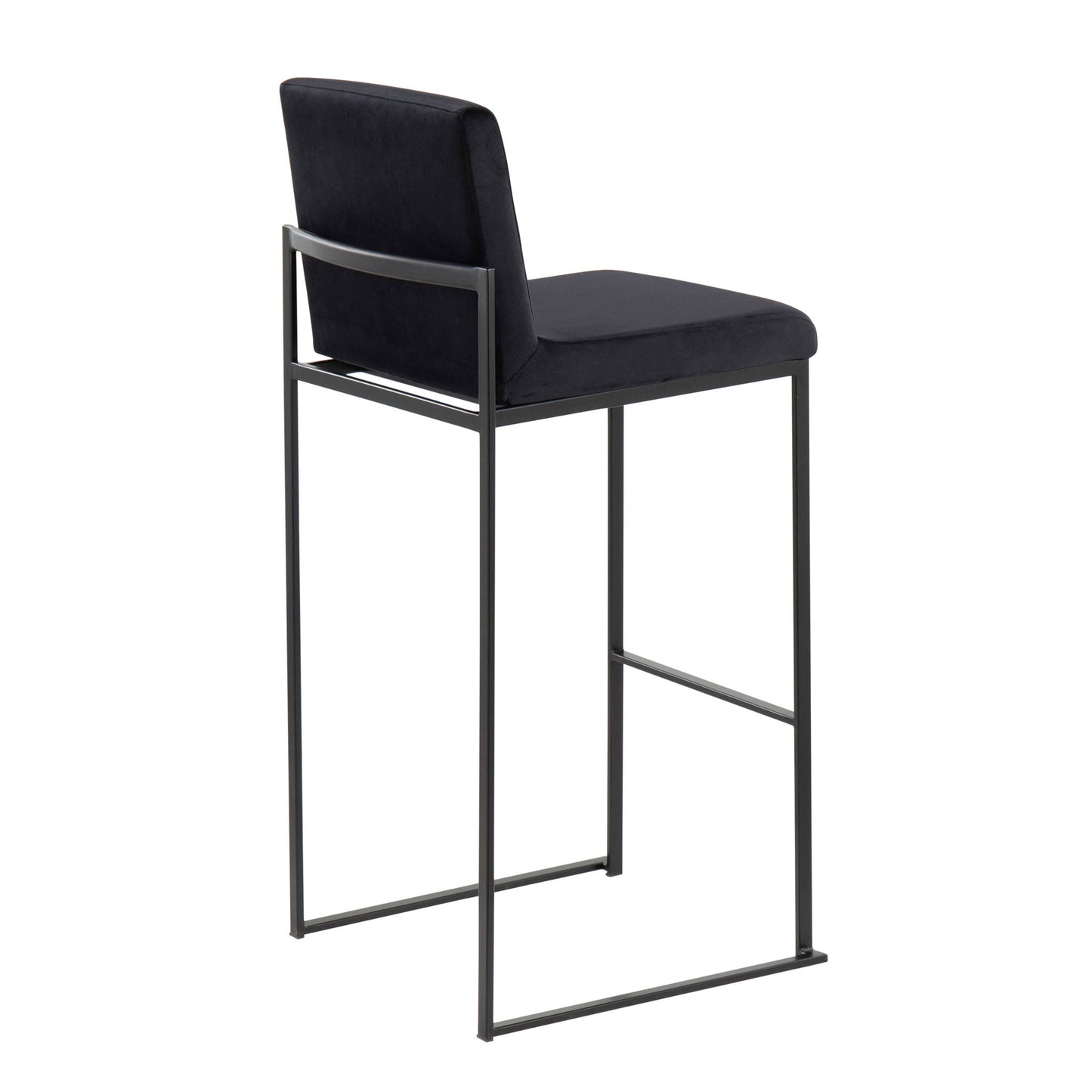 The Fuji - Contemporary High Back Barstool features an elegant minimalist design with a modern black metal frame, square seat, low backrest, thin straight legs, and a horizontal footrest near the bottom.