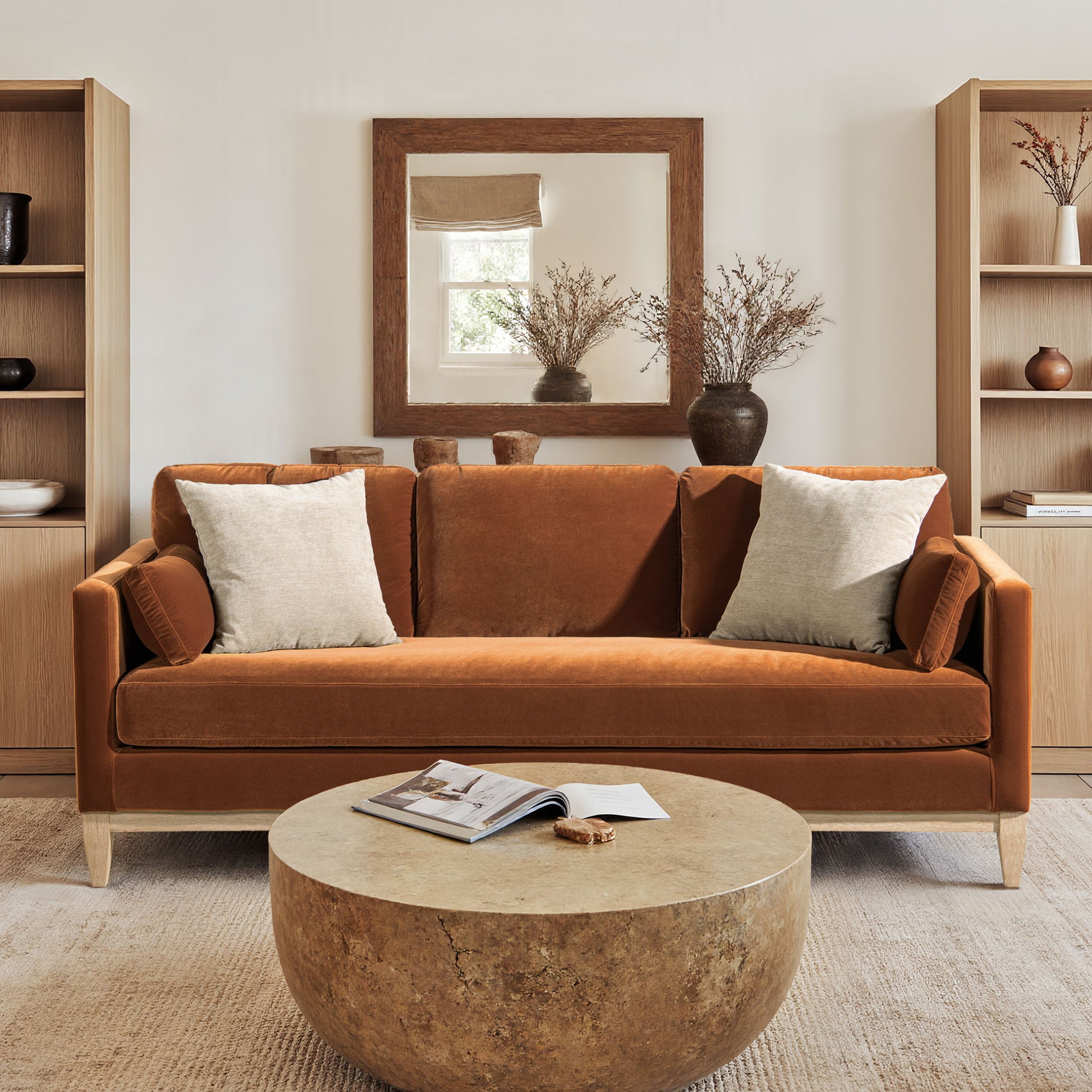A cozy living room features the Knox - Modern Farmhouse Sofa in rust velvet, two light beige pillows, a round stone coffee table with a book and small bowl, wooden shelves with vases, and a mirror reflecting the window above.