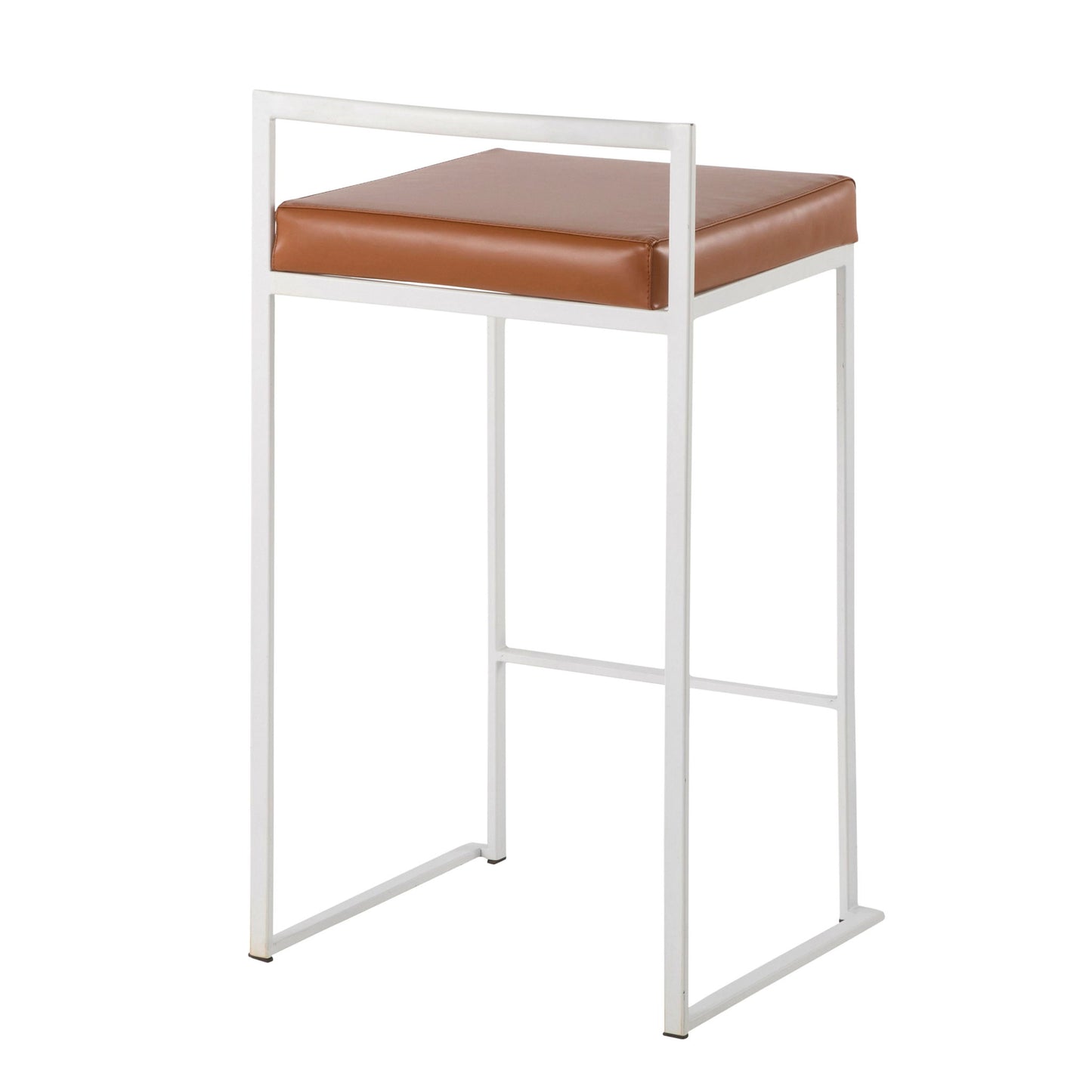 The Fuji - Simple Elegance, Contemporary Stackable Counter Stool features a white metal frame and a brown square cushioned seat in a minimalist, backless design with clean lines.